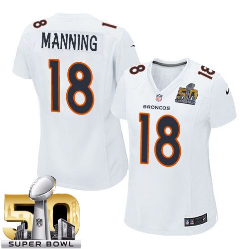 Nike Broncos #18 Peyton Manning White Super Bowl 50 Women's Stitched NFL Game Event Jersey - Click Image to Close